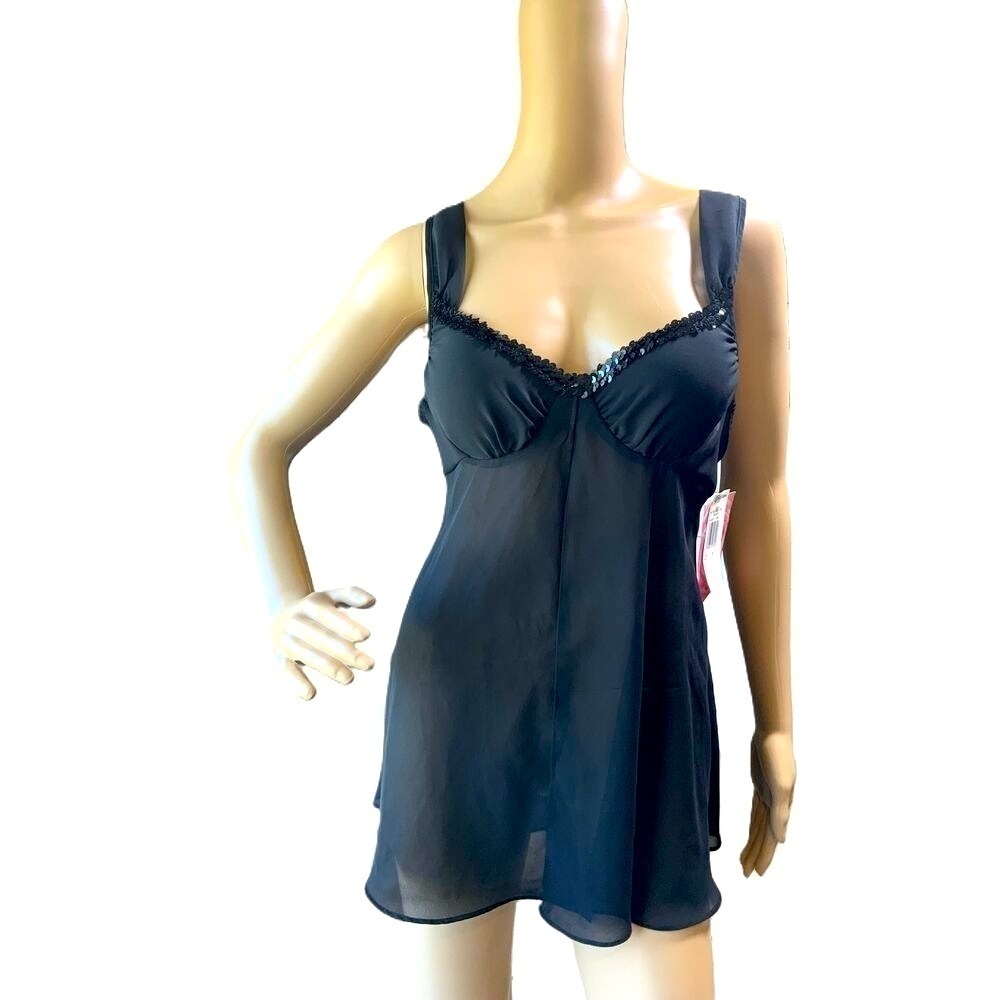 Cinema Etoile Black Sheer Sequin Trim Sleeveless Babydoll Lingerie Size Medium